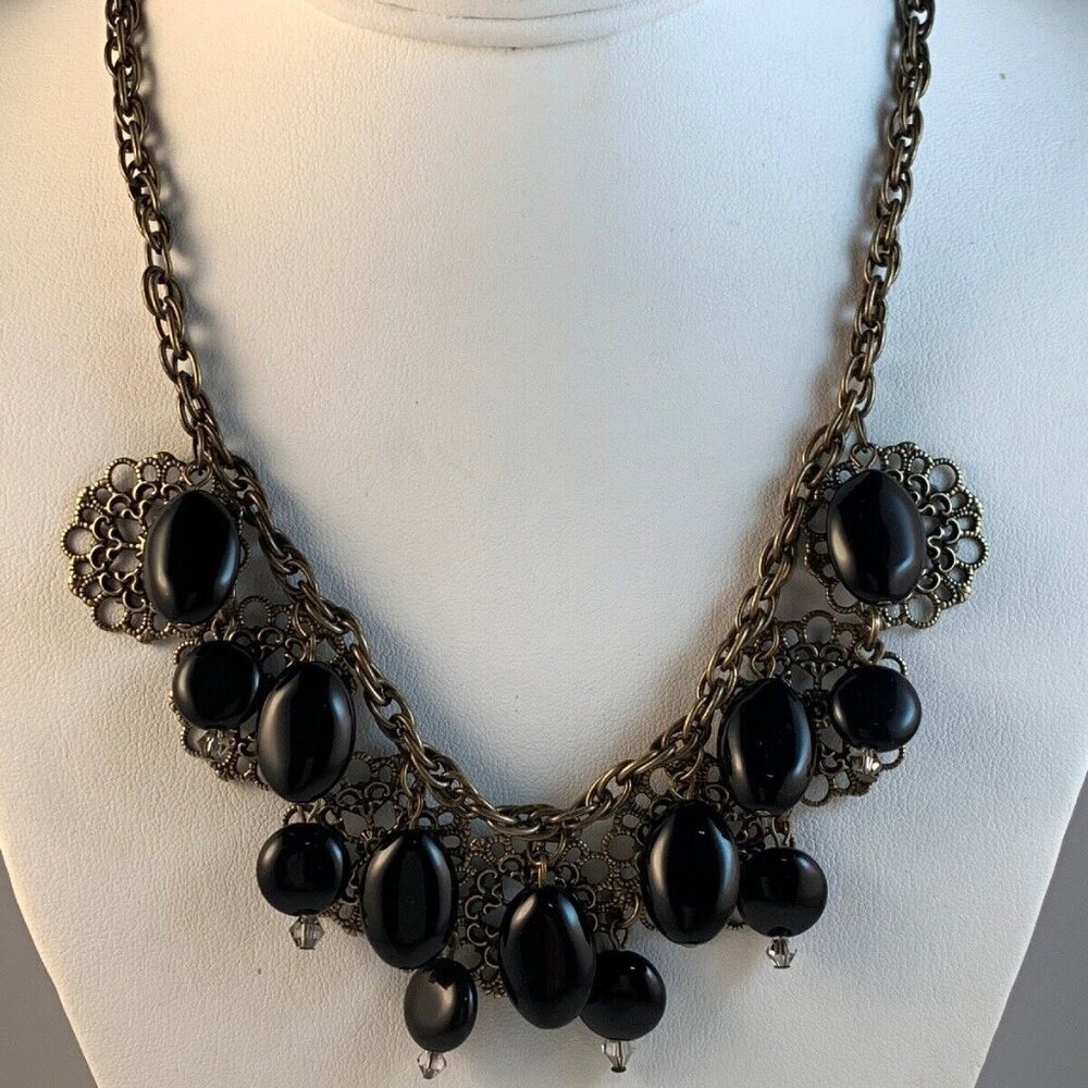 Brass Tone Rope Chain Bib Necklace With Black Oval Beads (NA121)